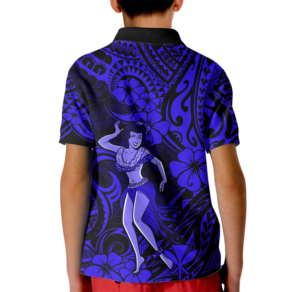 Hawaii Hula Girl Kid Polo Shirt Polynesian Pattern Navy Blue Version - Wonder Print Shop