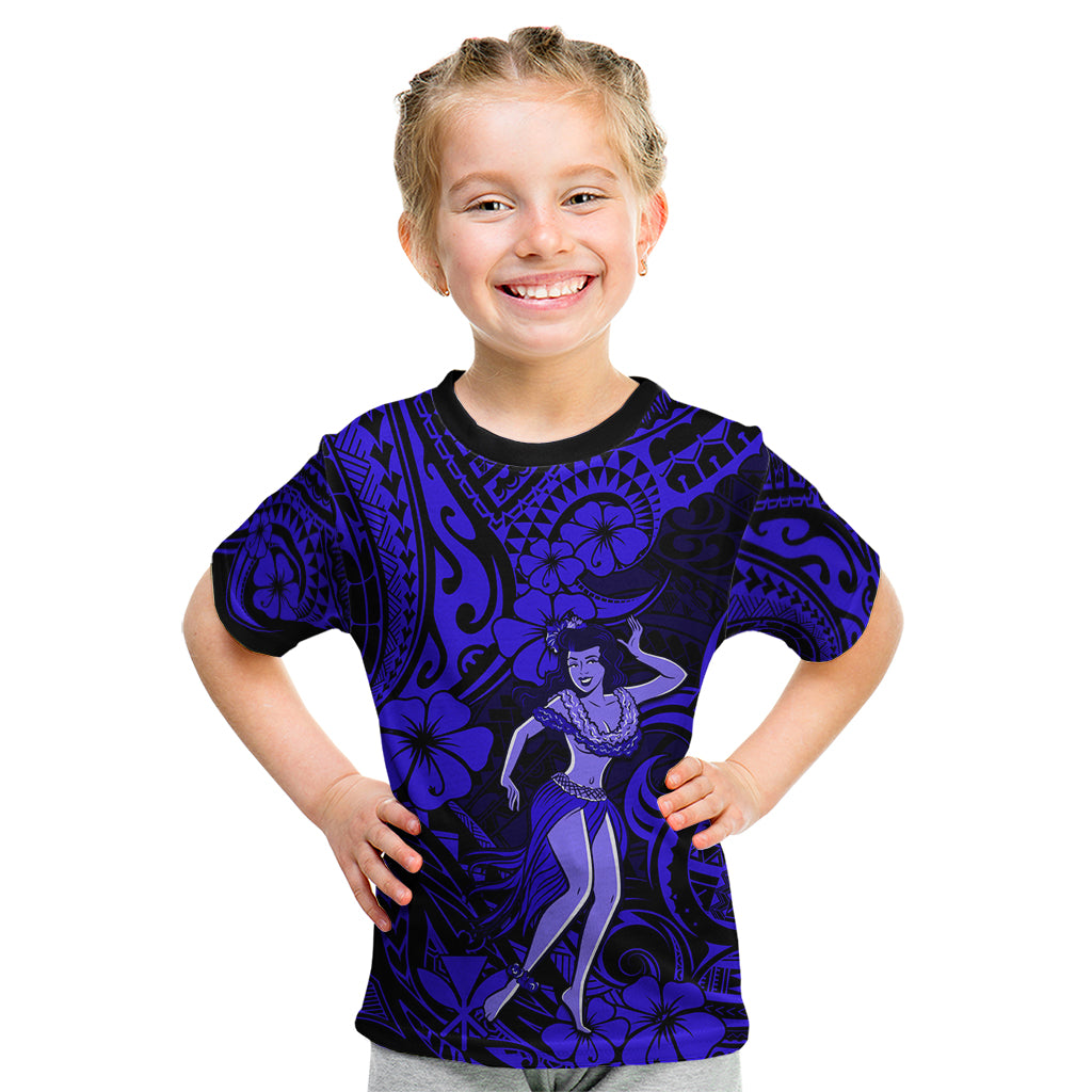Hawaii Hula Girl Kid T Shirt Polynesian Pattern Navy Blue Version - Wonder Print Shop