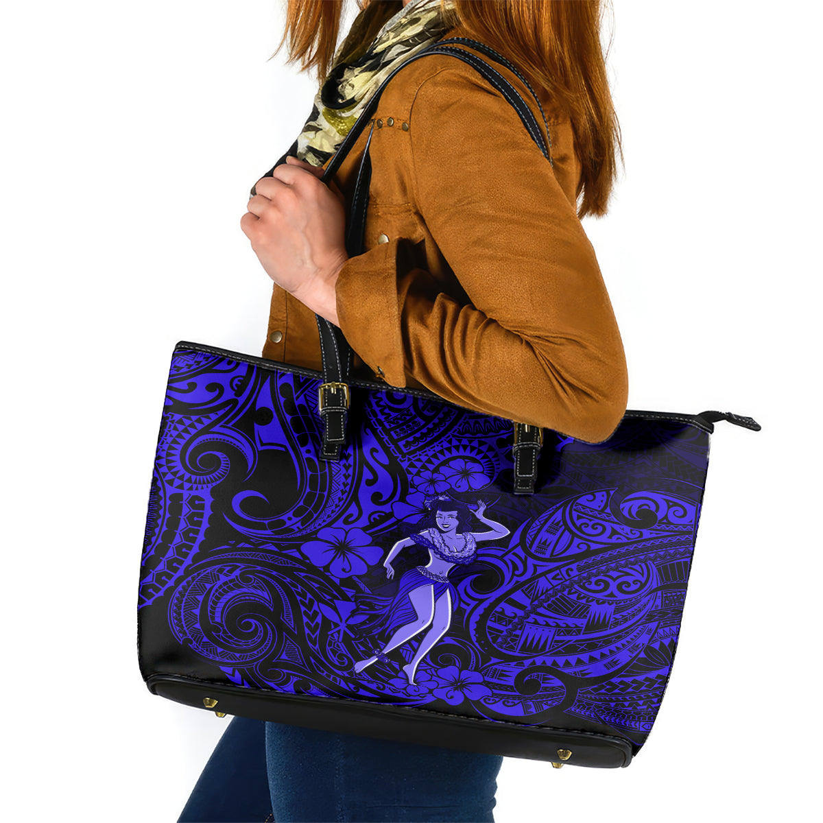Hawaii Hula Girl Leather Tote Bag Polynesian Pattern Navy Blue Version - Wonder Print Shop