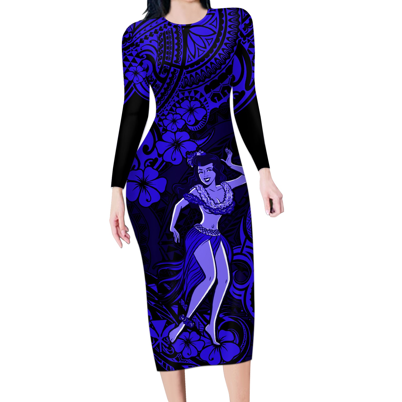 Hawaii Hula Girl Long Sleeve Bodycon Dress Polynesian Pattern Navy Blue Version - Wonder Print Shop