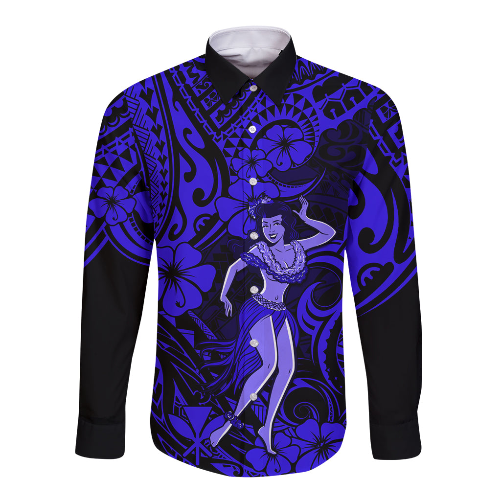 Hawaii Hula Girl Long Sleeve Button Shirt Polynesian Pattern Navy Blue Version - Wonder Print Shop