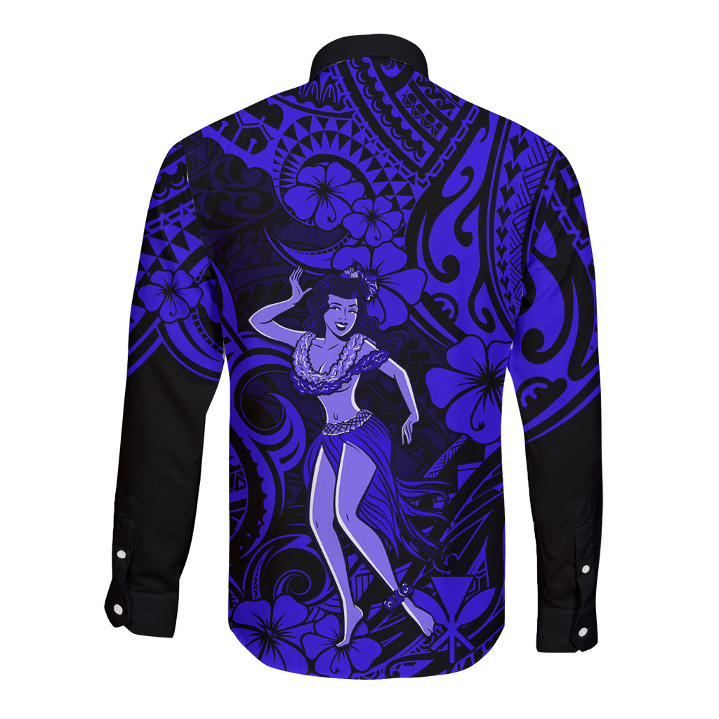 Hawaii Hula Girl Long Sleeve Button Shirt Polynesian Pattern Navy Blue Version - Wonder Print Shop