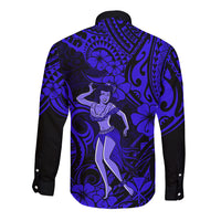 Hawaii Hula Girl Long Sleeve Button Shirt Polynesian Pattern Navy Blue Version - Wonder Print Shop