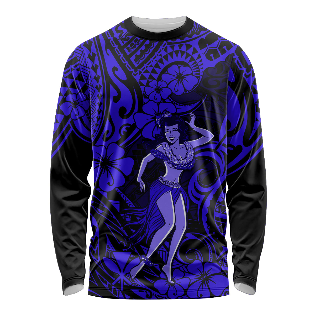 Hawaii Hula Girl Long Sleeve Shirt Polynesian Pattern Navy Blue Version - Wonder Print Shop