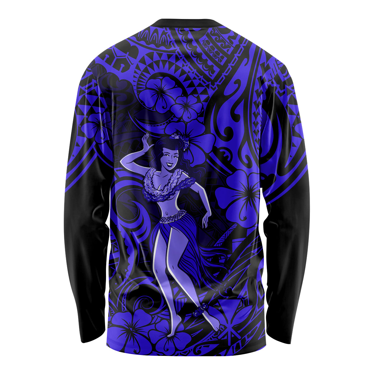 Hawaii Hula Girl Long Sleeve Shirt Polynesian Pattern Navy Blue Version - Wonder Print Shop