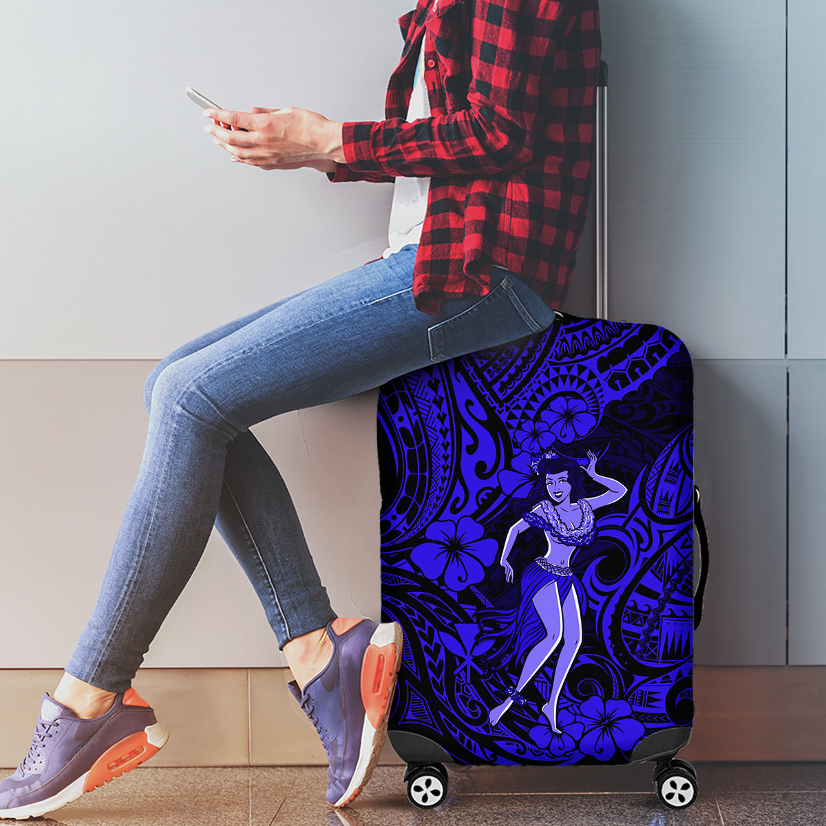 Hawaii Hula Girl Luggage Cover Polynesian Pattern Navy Blue Version - Wonder Print Shop