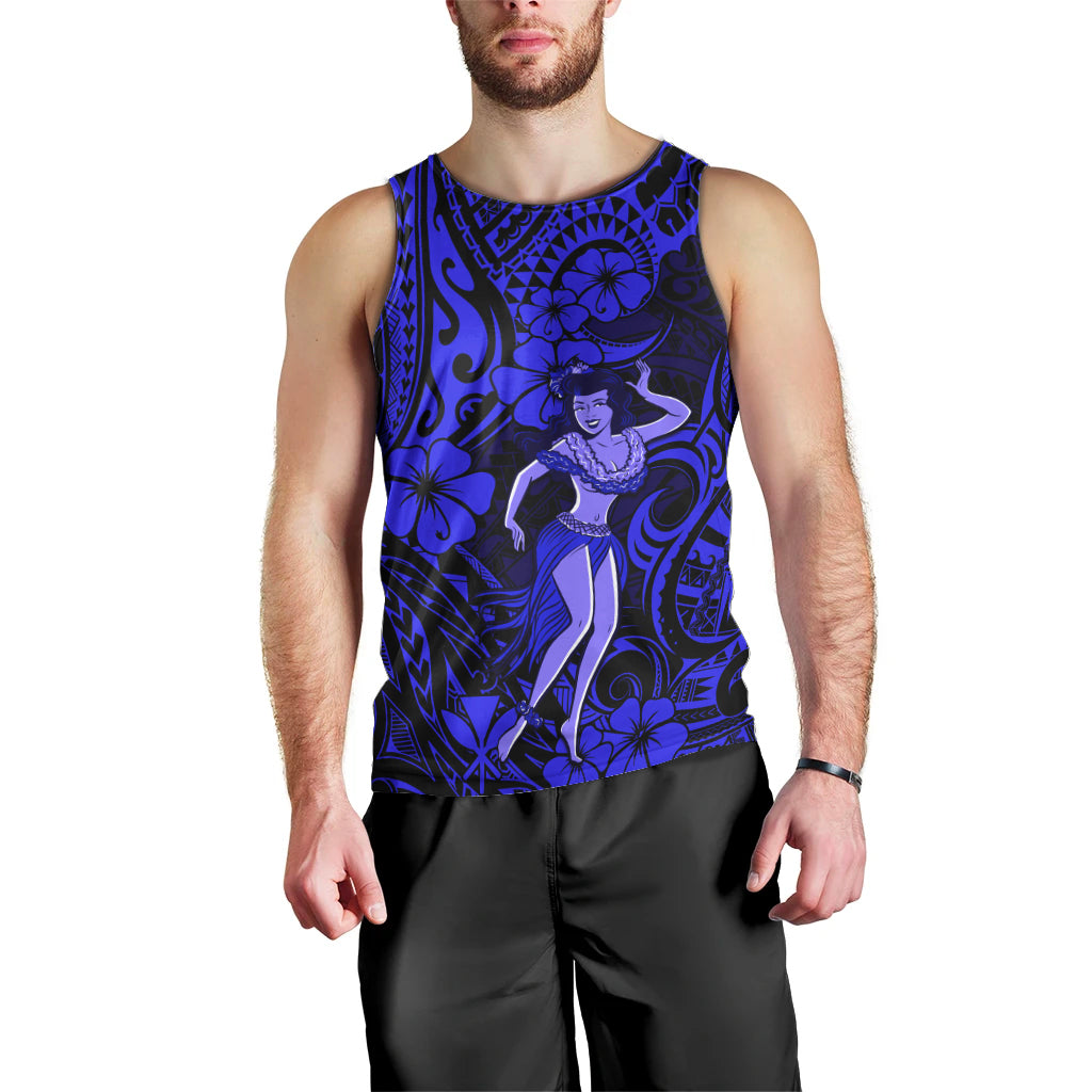 Hawaii Hula Girl Men Tank Top Polynesian Pattern Navy Blue Version - Wonder Print Shop