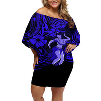 Hawaii Hula Girl Off Shoulder Short Dress Polynesian Pattern Navy Blue Version - Wonder Print Shop