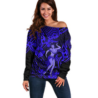 Hawaii Hula Girl Off Shoulder Sweater Polynesian Pattern Navy Blue Version - Wonder Print Shop