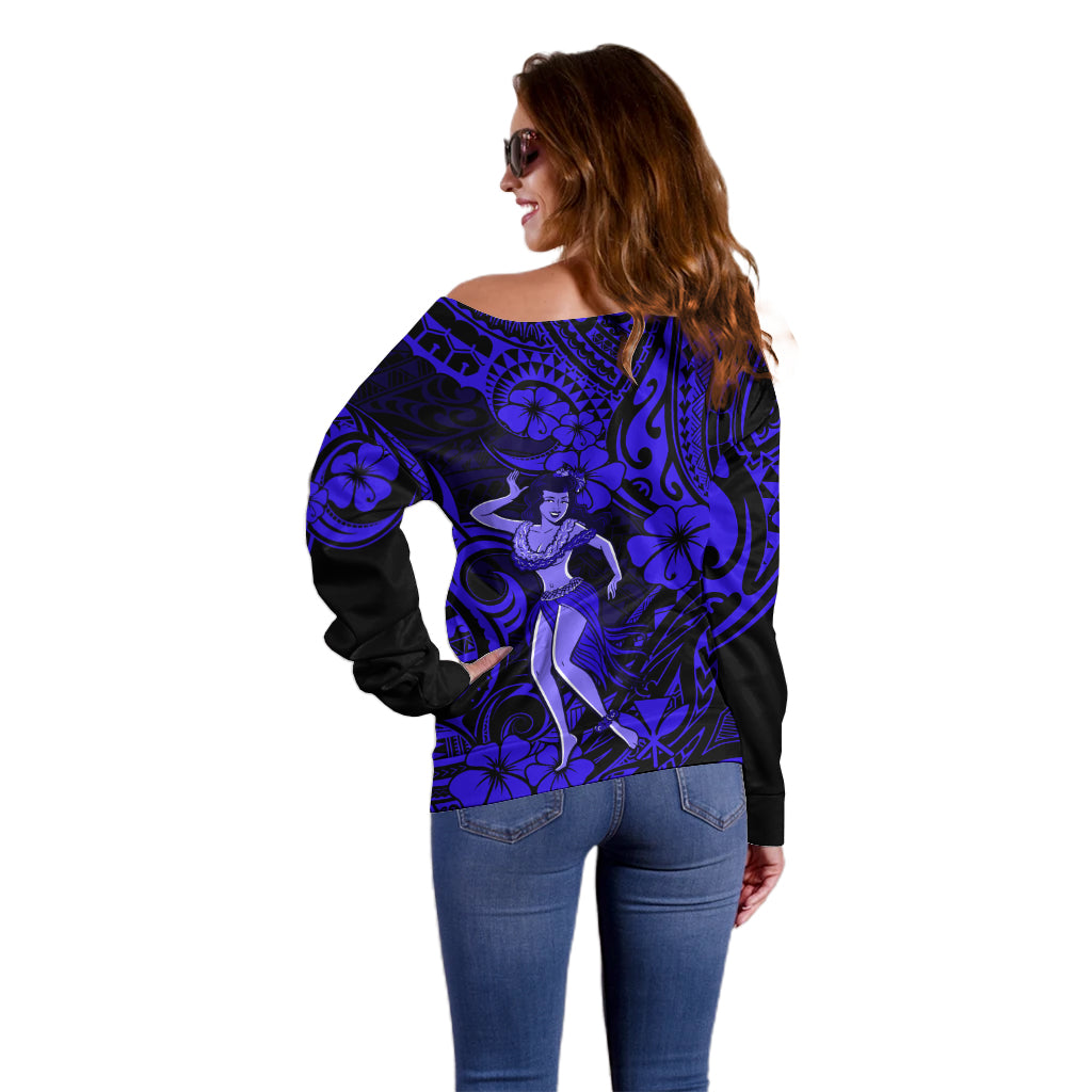 Hawaii Hula Girl Off Shoulder Sweater Polynesian Pattern Navy Blue Version - Wonder Print Shop