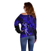 Hawaii Hula Girl Off Shoulder Sweater Polynesian Pattern Navy Blue Version - Wonder Print Shop