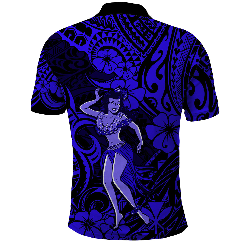 Hawaii Hula Girl Polo Shirt Polynesian Pattern Navy Blue Version - Wonder Print Shop