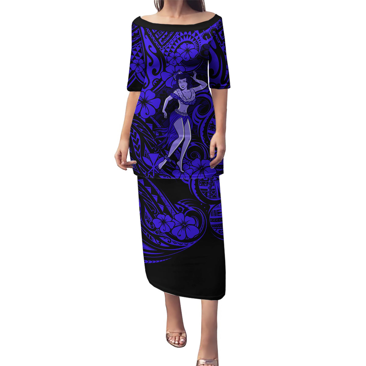 Hawaii Hula Girl Puletasi Polynesian Pattern Navy Blue Version - Wonder Print Shop