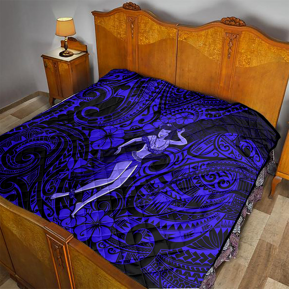 Hawaii Hula Girl Quilt Polynesian Pattern Navy Blue Version - Wonder Print Shop