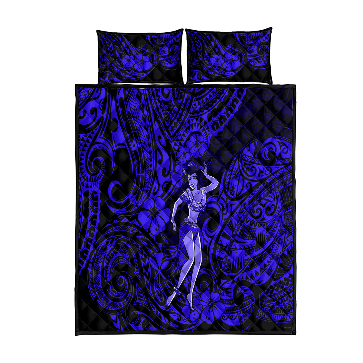 Hawaii Hula Girl Quilt Bed Set Polynesian Pattern Navy Blue Version - Wonder Print Shop