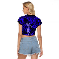 Hawaii Hula Girl Raglan Cropped T Shirt Polynesian Pattern Navy Blue Version - Wonder Print Shop