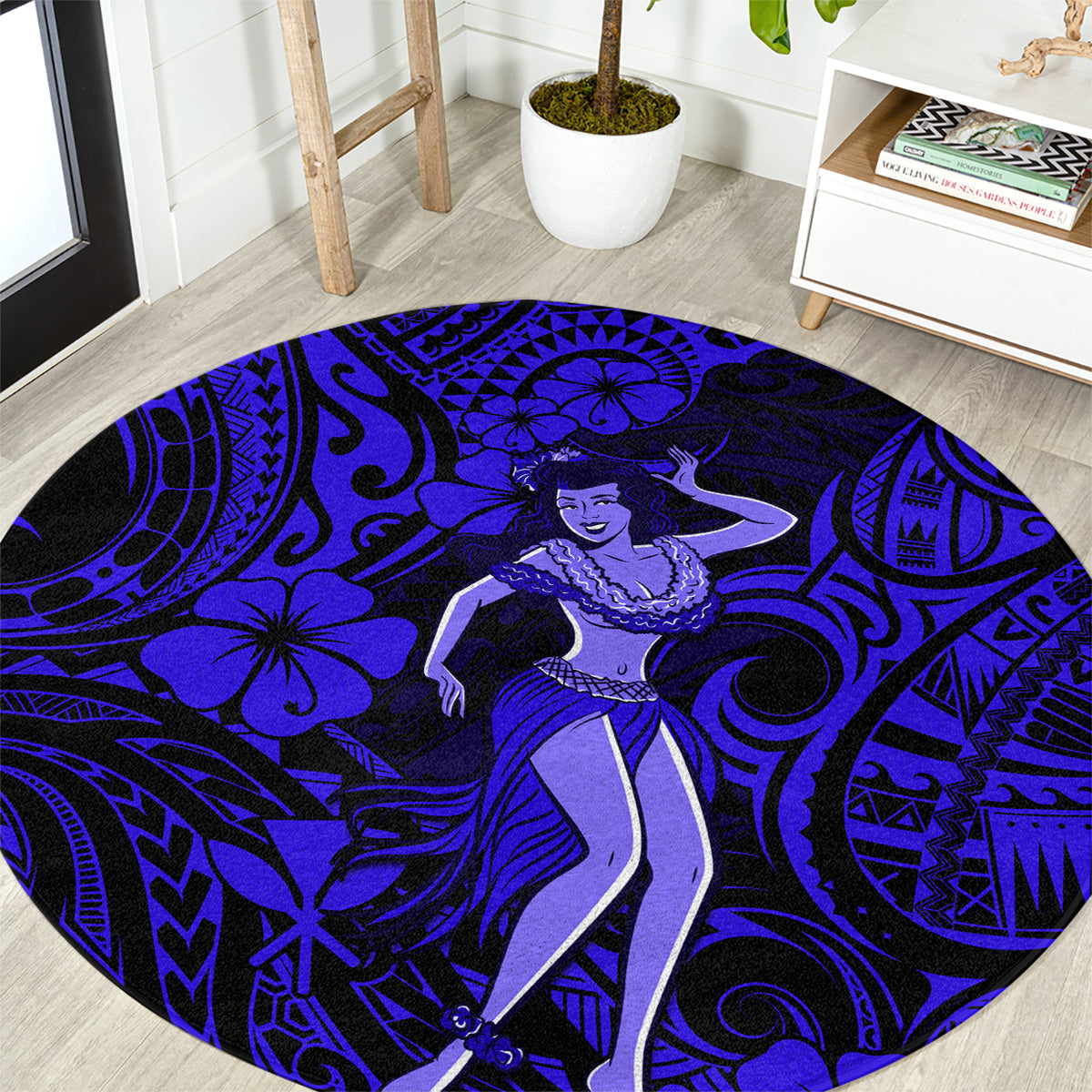hawaii-hula-girl-round-carpet-polynesian-pattern-navy-blue-version