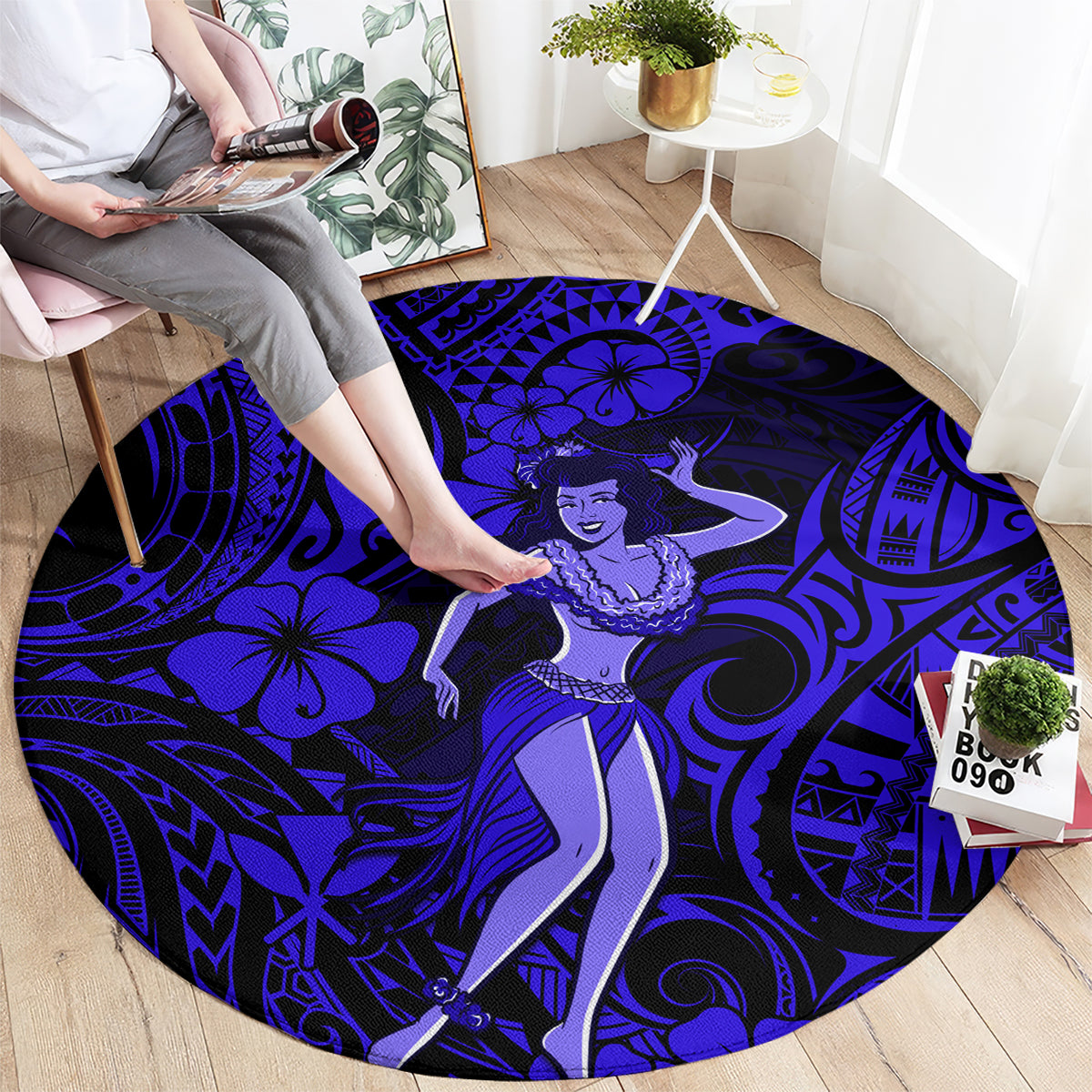 hawaii-hula-girl-round-carpet-polynesian-pattern-navy-blue-version