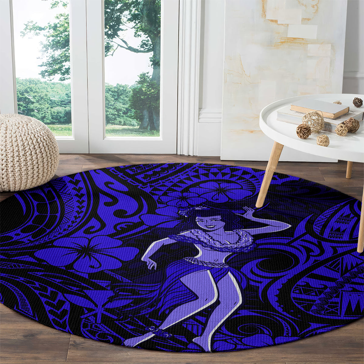 hawaii-hula-girl-round-carpet-polynesian-pattern-navy-blue-version
