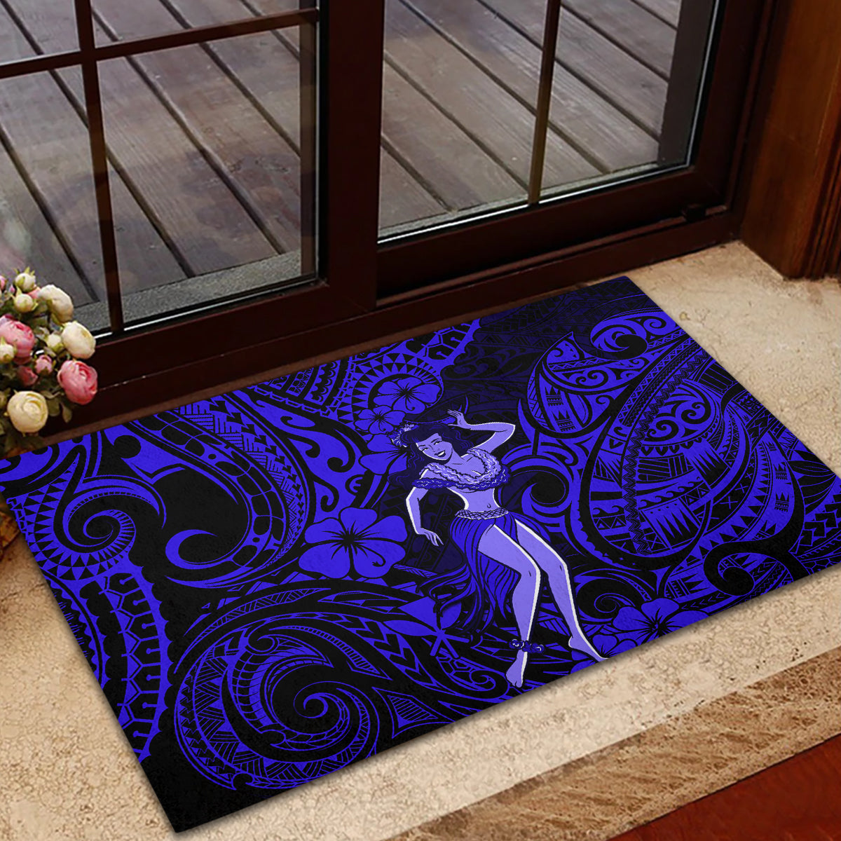 Hawaii Hula Girl Rubber Doormat Polynesian Pattern Navy Blue Version - Wonder Print Shop