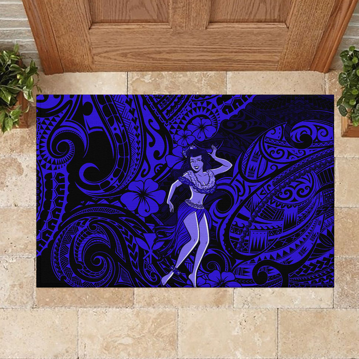 Hawaii Hula Girl Rubber Doormat Polynesian Pattern Navy Blue Version - Wonder Print Shop