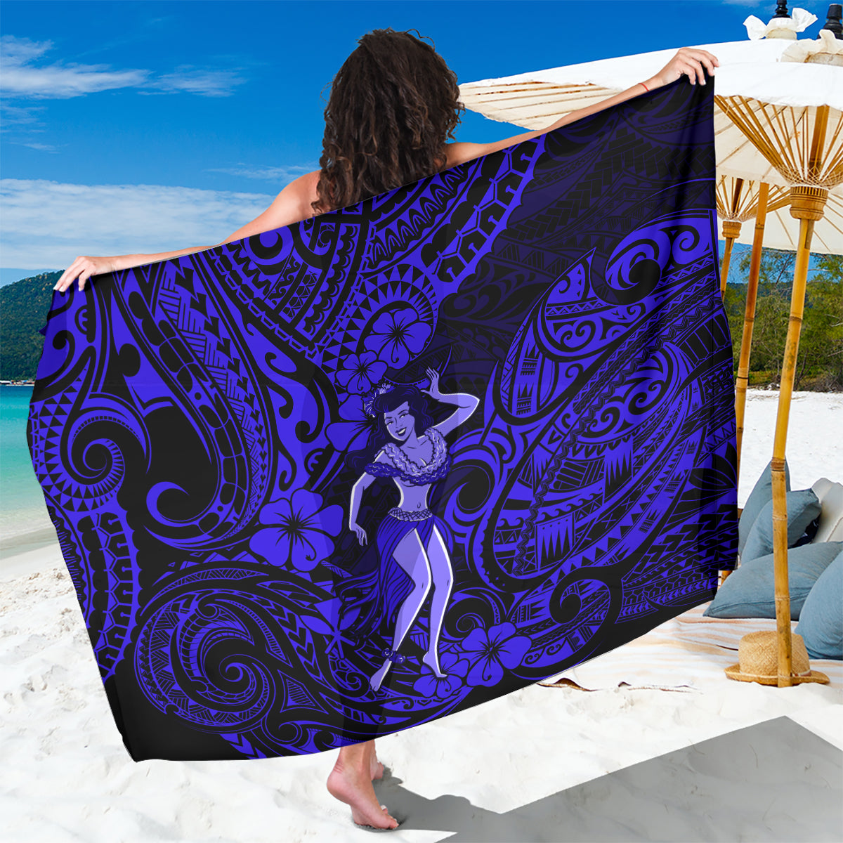 Hawaii Hula Girl Sarong Polynesian Pattern Navy Blue Version - Wonder Print Shop