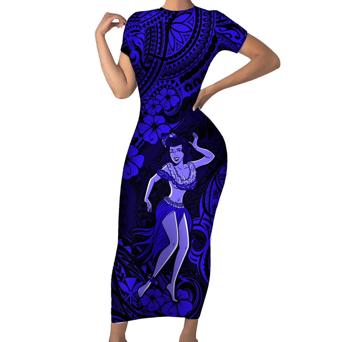 Hawaii Hula Girl Short Sleeve Bodycon Dress Polynesian Pattern Navy Blue Version - Wonder Print Shop