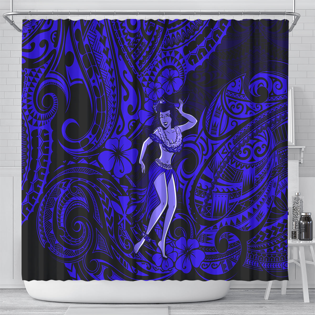 hawaii-hula-girl-shower-curtain-polynesian-pattern-navy-blue-version