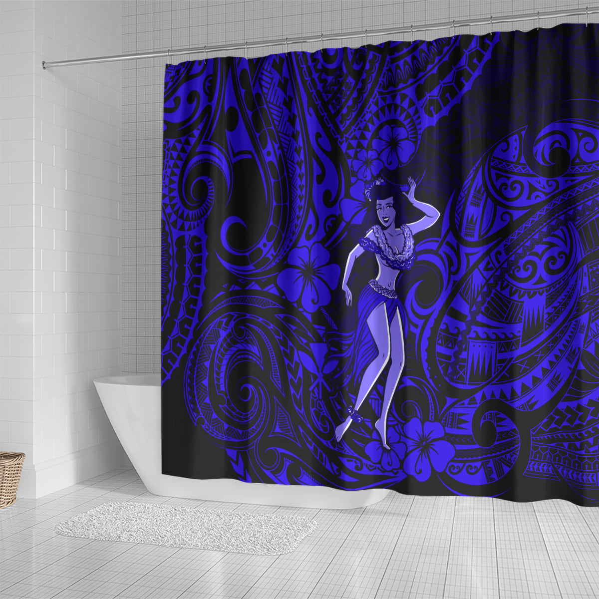 hawaii-hula-girl-shower-curtain-polynesian-pattern-navy-blue-version