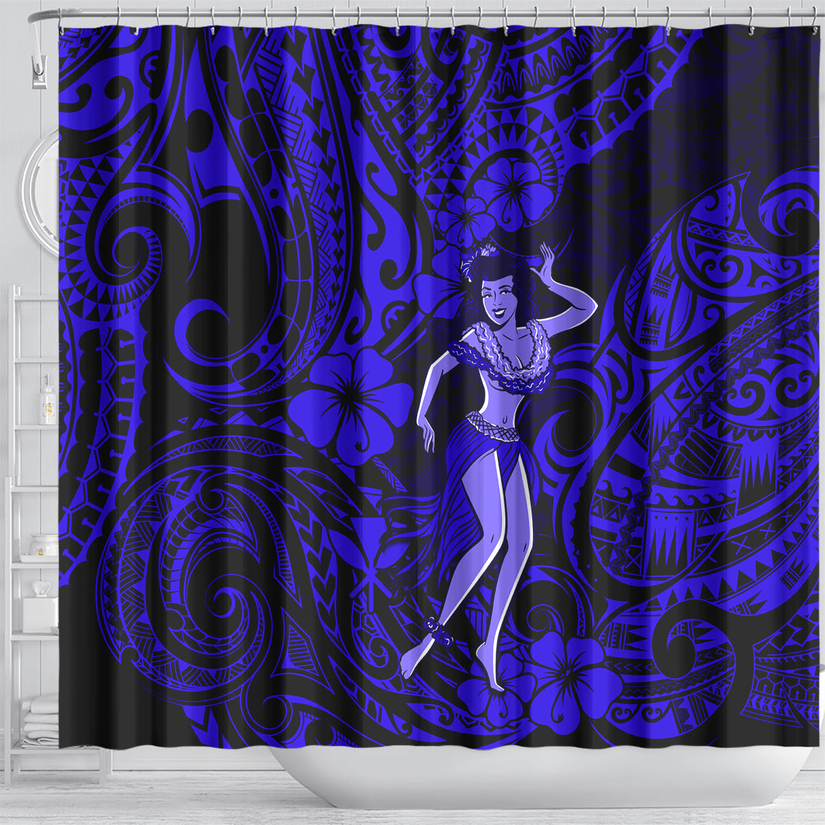 hawaii-hula-girl-shower-curtain-polynesian-pattern-navy-blue-version