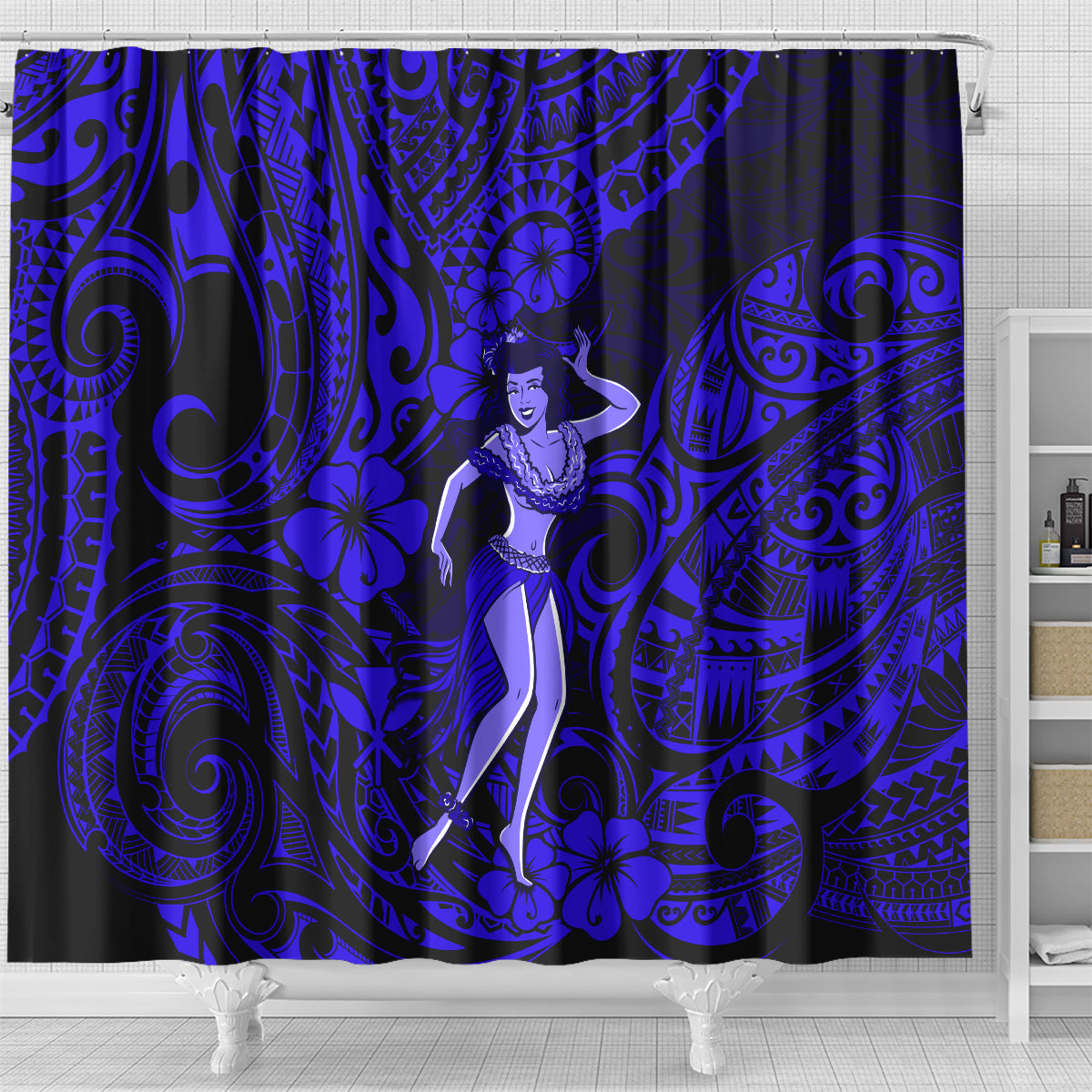 hawaii-hula-girl-shower-curtain-polynesian-pattern-navy-blue-version