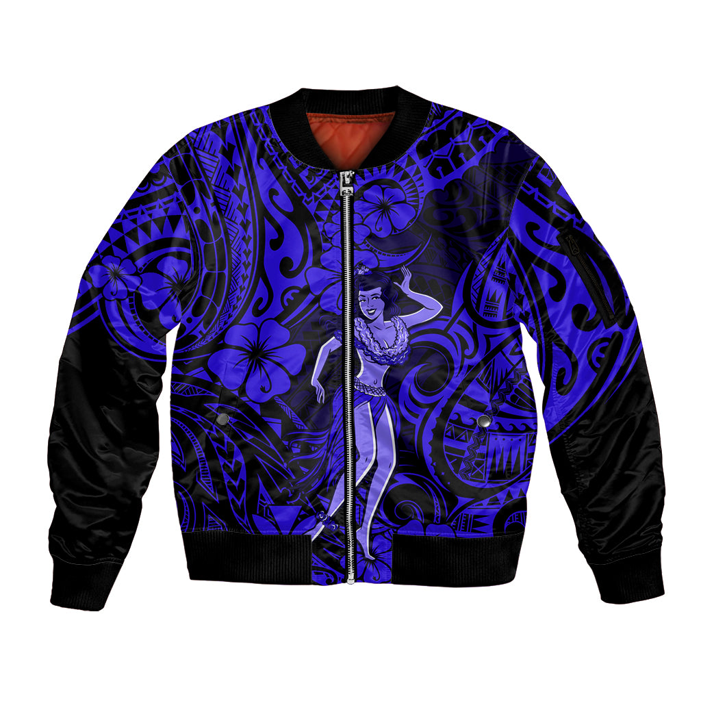 Hawaii Hula Girl Sleeve Zip Bomber Jacket Polynesian Pattern Navy Blue Version - Wonder Print Shop