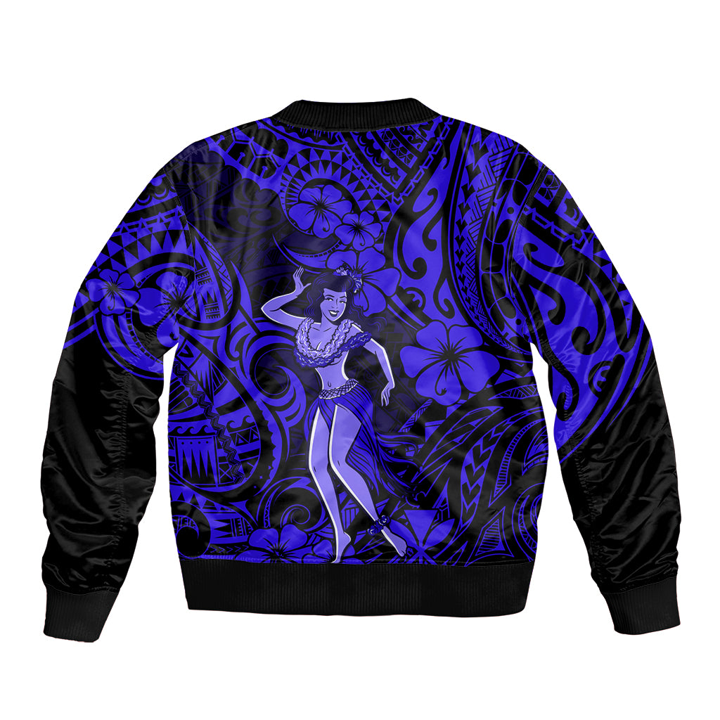 Hawaii Hula Girl Sleeve Zip Bomber Jacket Polynesian Pattern Navy Blue Version - Wonder Print Shop