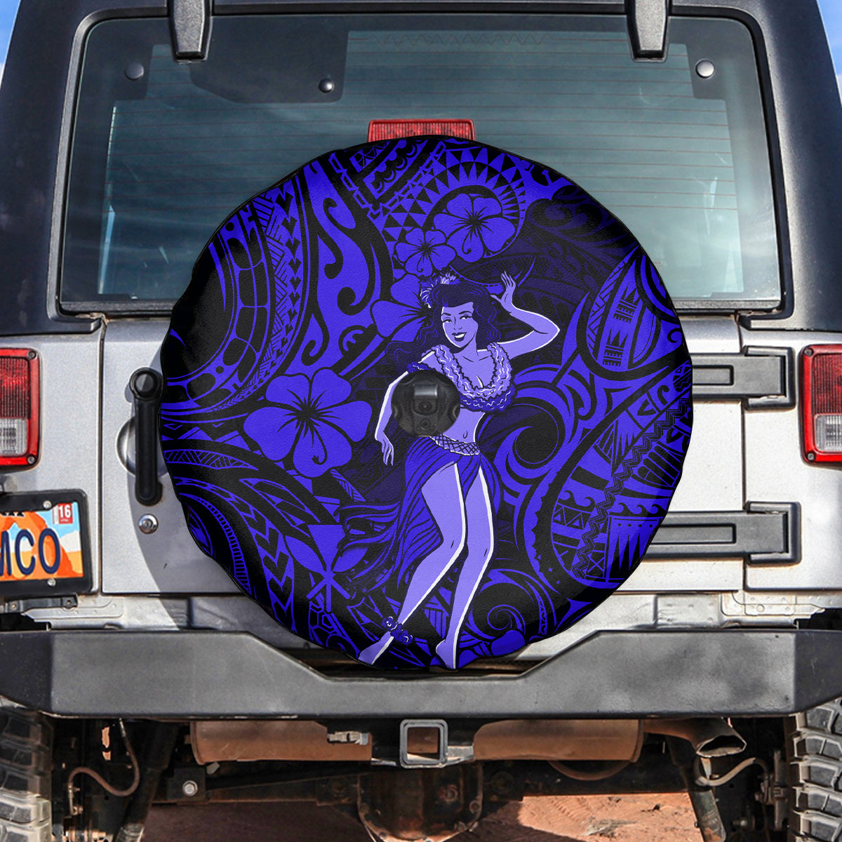 Hawaii Hula Girl Spare Tire Cover Polynesian Pattern Navy Blue Version - Wonder Print Shop