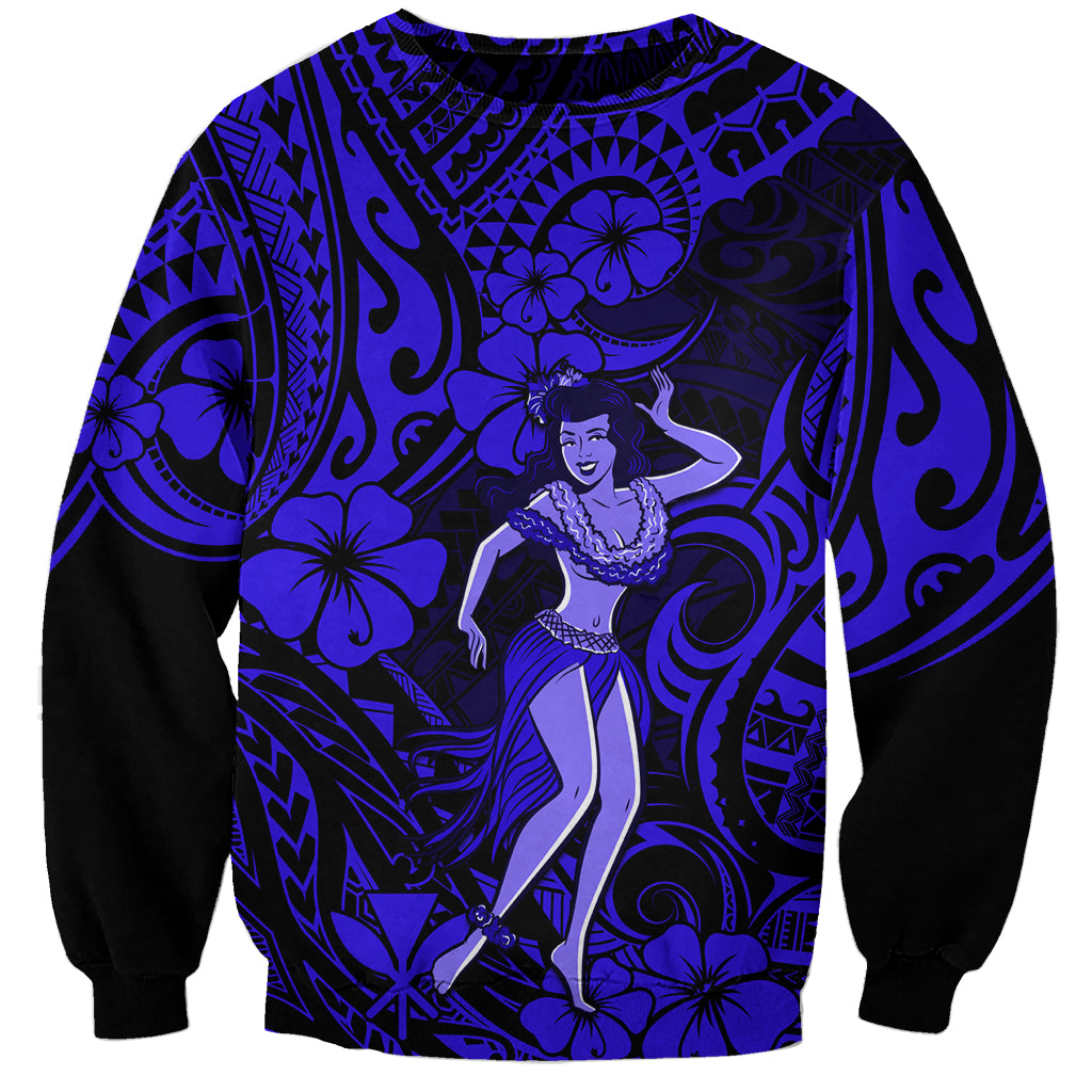 Hawaii Hula Girl Sweatshirt Polynesian Pattern Navy Blue Version - Wonder Print Shop