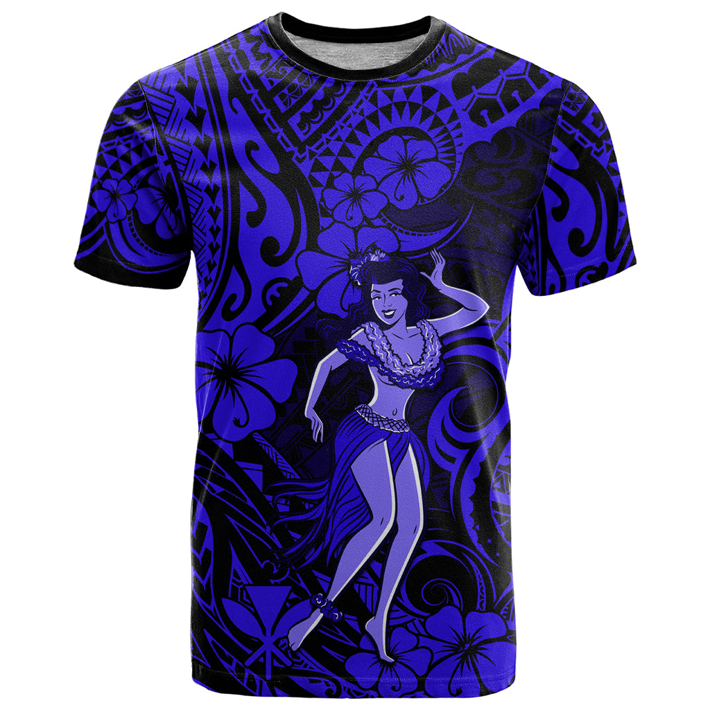 Hawaii Hula Girl T Shirt Polynesian Pattern Navy Blue Version - Wonder Print Shop