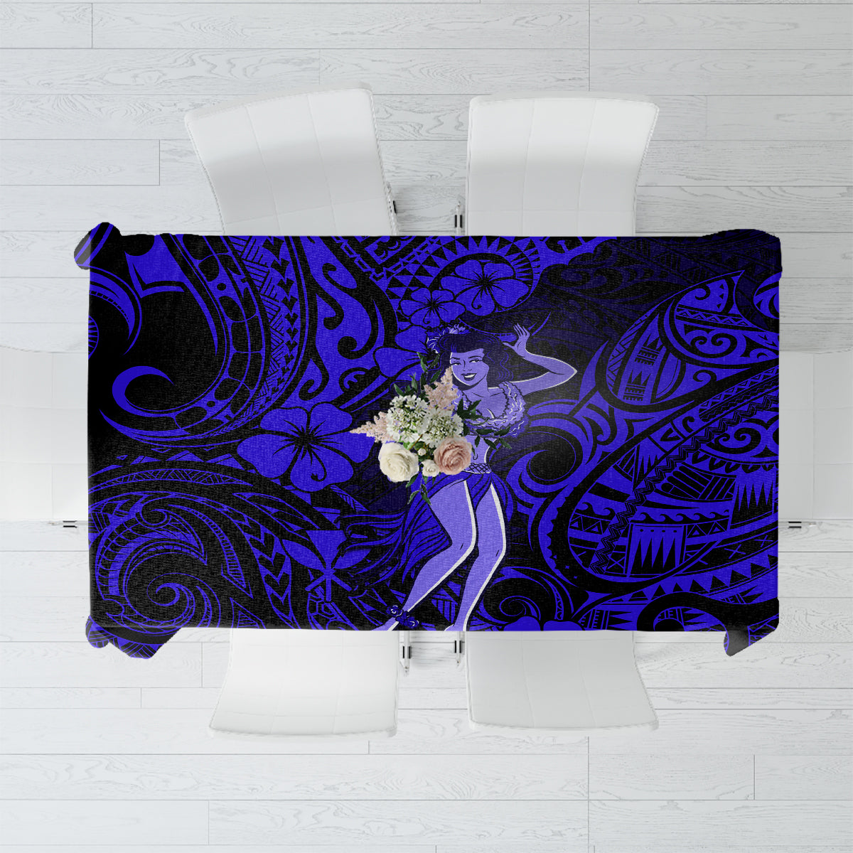 Hawaii Hula Girl Tablecloth Polynesian Pattern Navy Blue Version - Wonder Print Shop
