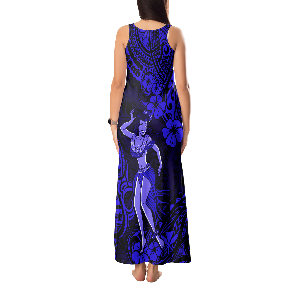 Hawaii Hula Girl Tank Maxi Dress Polynesian Pattern Navy Blue Version - Wonder Print Shop