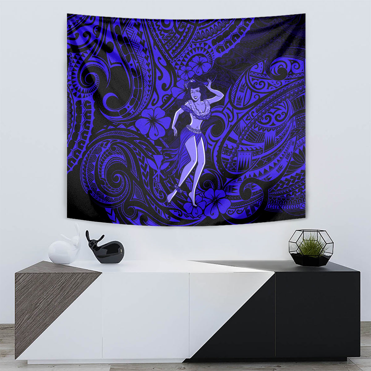 Hawaii Hula Girl Tapestry Polynesian Pattern Navy Blue Version - Wonder Print Shop