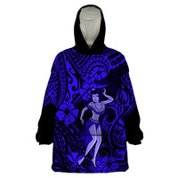 Hawaii Hula Girl Wearable Blanket Hoodie Polynesian Pattern Navy Blue Version - Wonder Print Shop