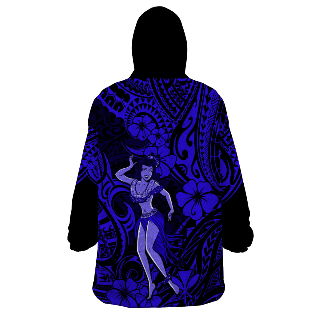 Hawaii Hula Girl Wearable Blanket Hoodie Polynesian Pattern Navy Blue Version - Wonder Print Shop