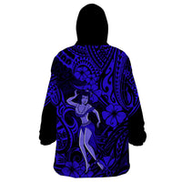 Hawaii Hula Girl Wearable Blanket Hoodie Polynesian Pattern Navy Blue Version - Wonder Print Shop