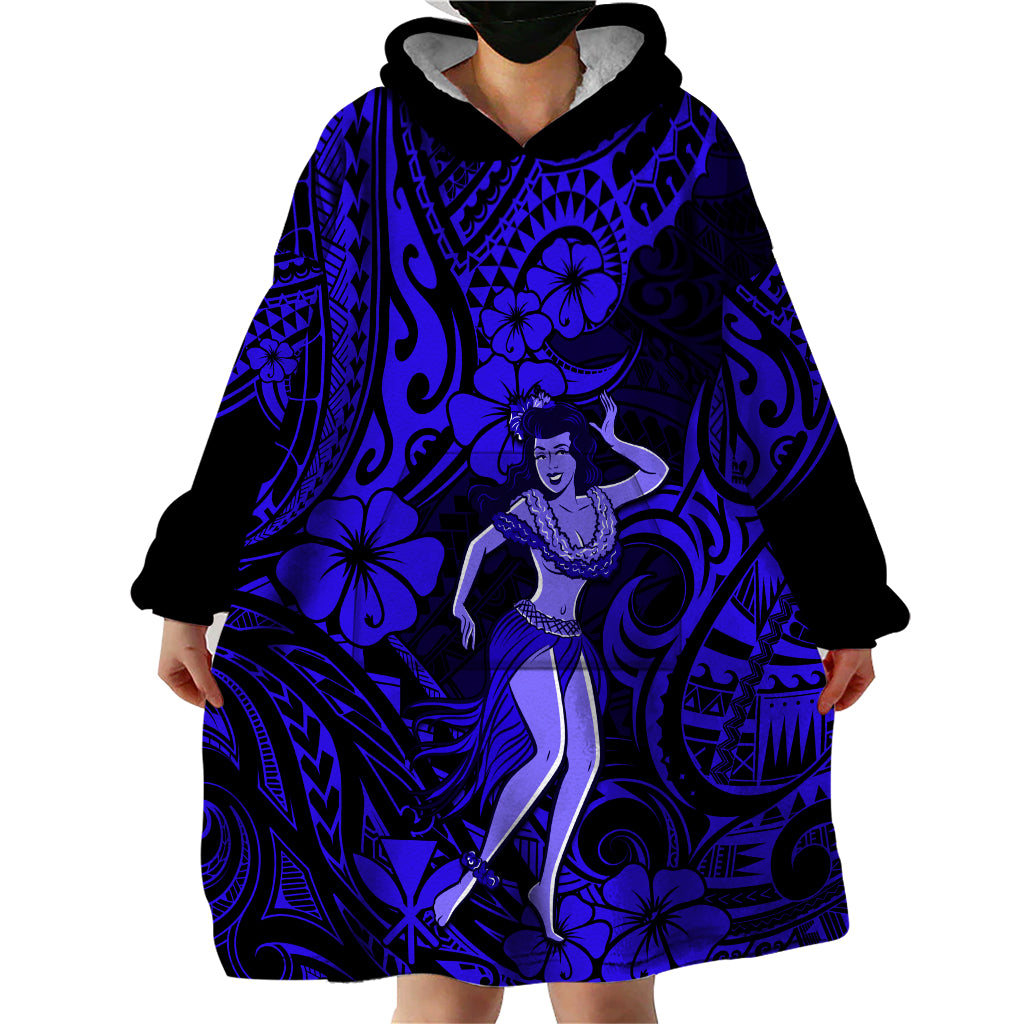 Hawaii Hula Girl Wearable Blanket Hoodie Polynesian Pattern Navy Blue Version - Wonder Print Shop