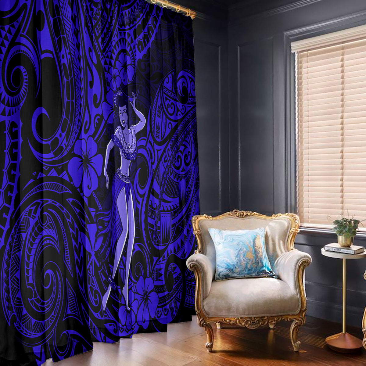 Hawaii Hula Girl Window Curtain Polynesian Pattern Navy Blue Version - Wonder Print Shop