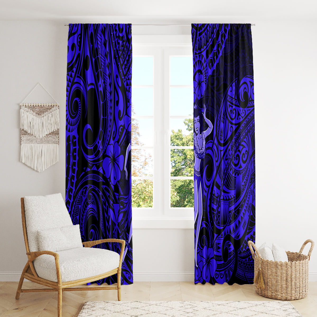 Hawaii Hula Girl Window Curtain Polynesian Pattern Navy Blue Version - Wonder Print Shop