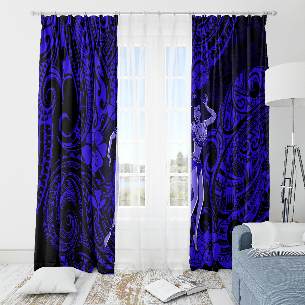 Hawaii Hula Girl Window Curtain Polynesian Pattern Navy Blue Version - Wonder Print Shop