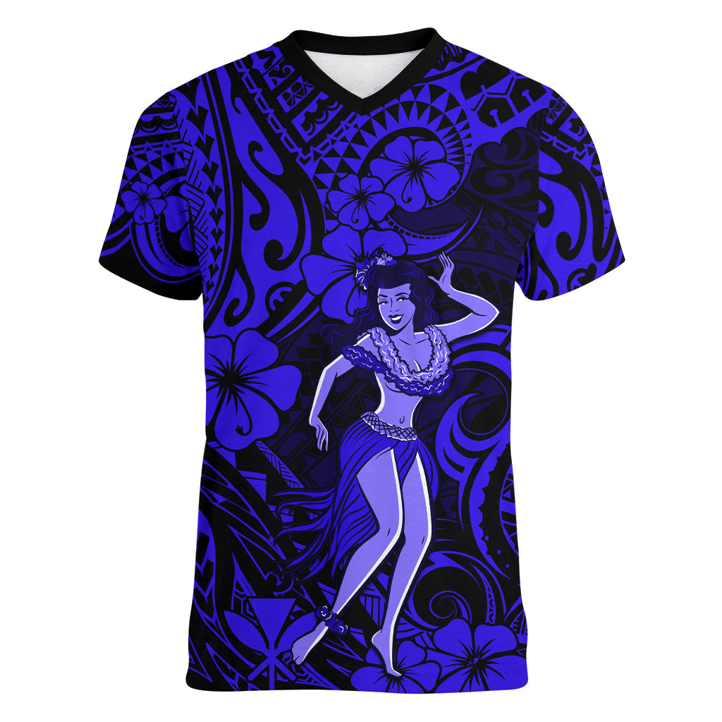 Hawaii Hula Girl Women V Neck T Shirt Polynesian Pattern Navy Blue Version - Wonder Print Shop