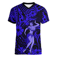 Hawaii Hula Girl Women V Neck T Shirt Polynesian Pattern Navy Blue Version - Wonder Print Shop