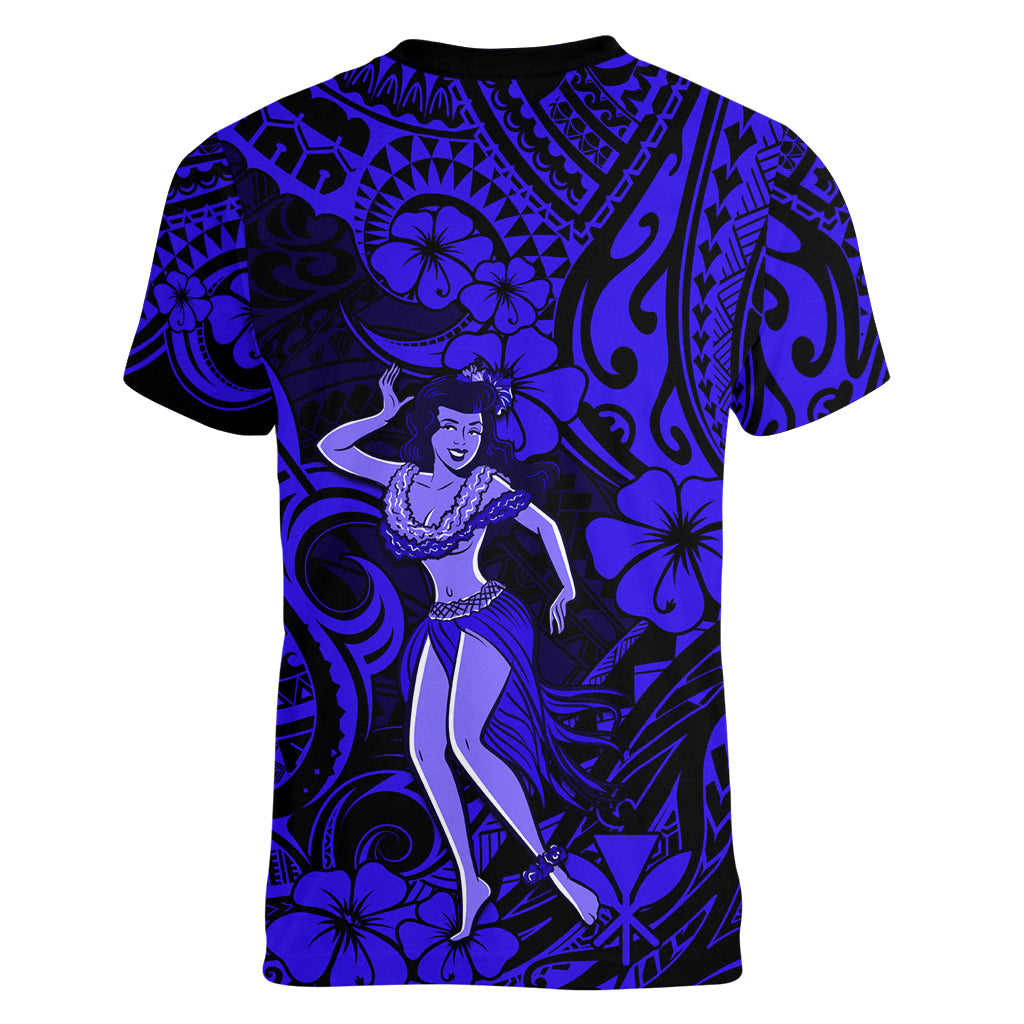 Hawaii Hula Girl Women V Neck T Shirt Polynesian Pattern Navy Blue Version - Wonder Print Shop