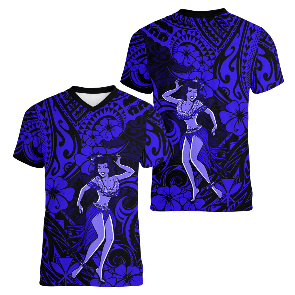 Hawaii Hula Girl Women V Neck T Shirt Polynesian Pattern Navy Blue Version - Wonder Print Shop